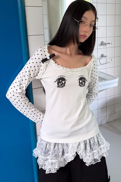 Polka Dot Eye Print Long Sleeve Top
