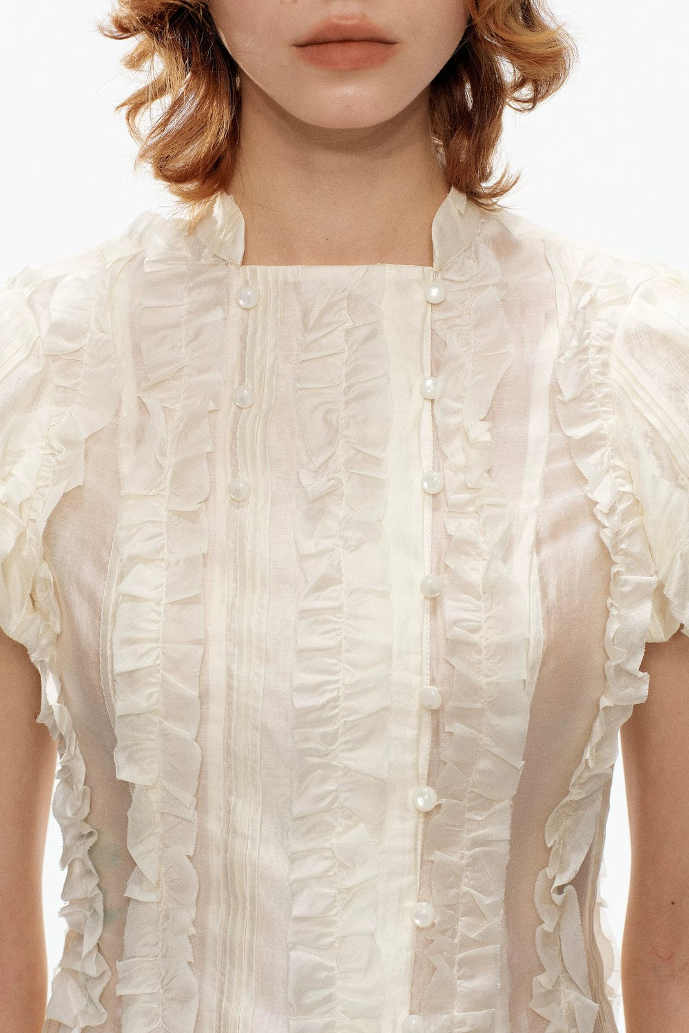 Beige Jacquard Puff Sleeve Blouse