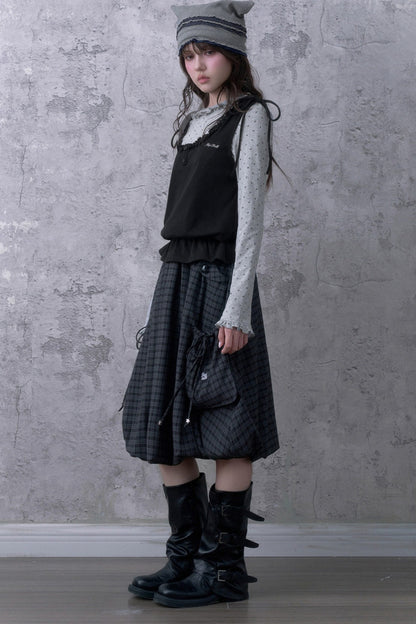 Black Gray Plaid Mid-Length Skirt Set-Up
