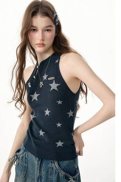 Star Print Halter Knit Top