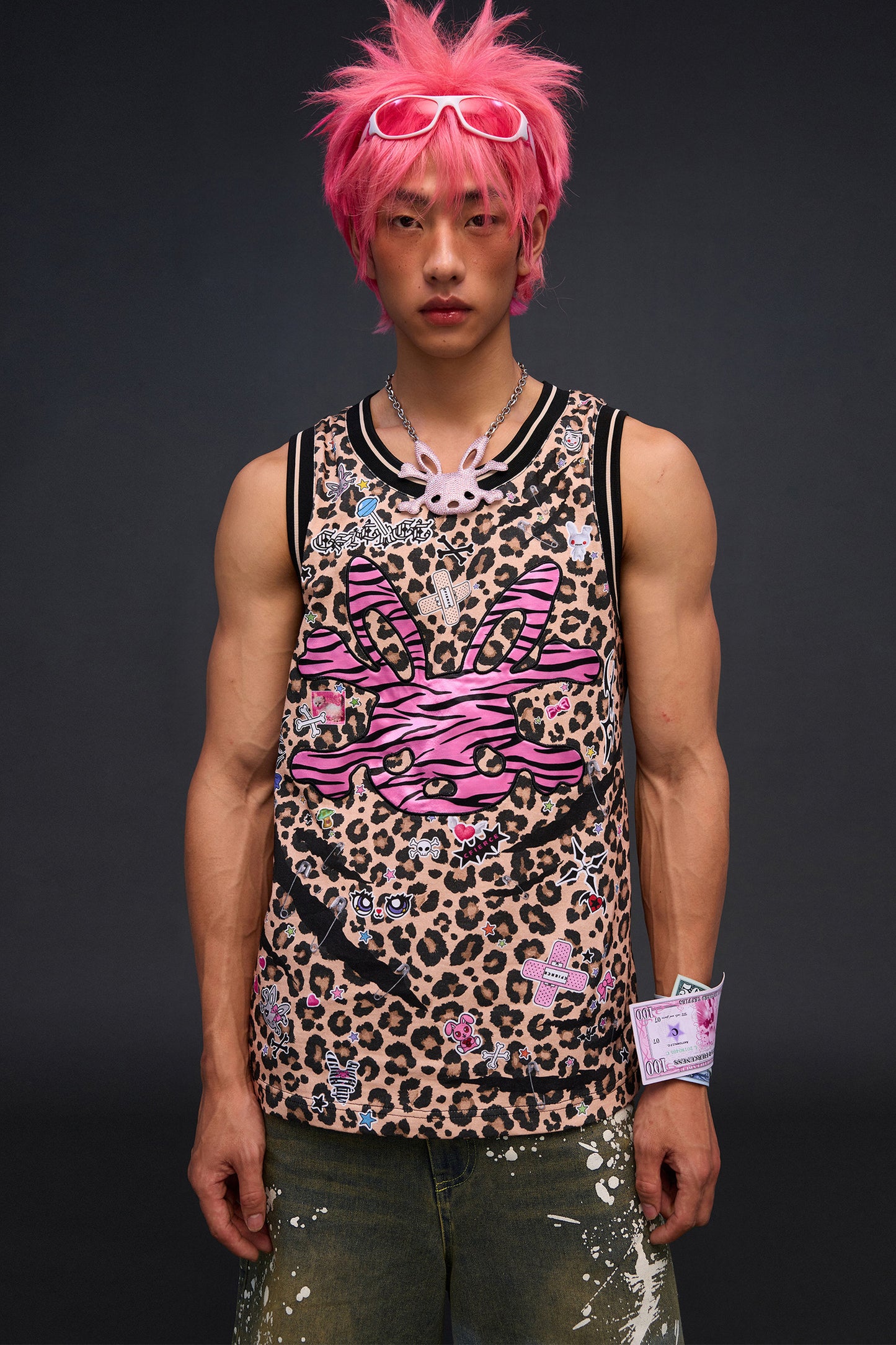 Tanktop mit Leoparden- und Zebra-Stickerei