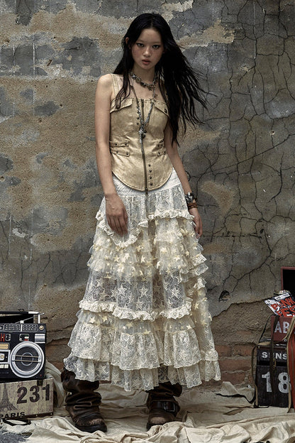 High-Waisted Multi-Layer Lace Cake Skirt