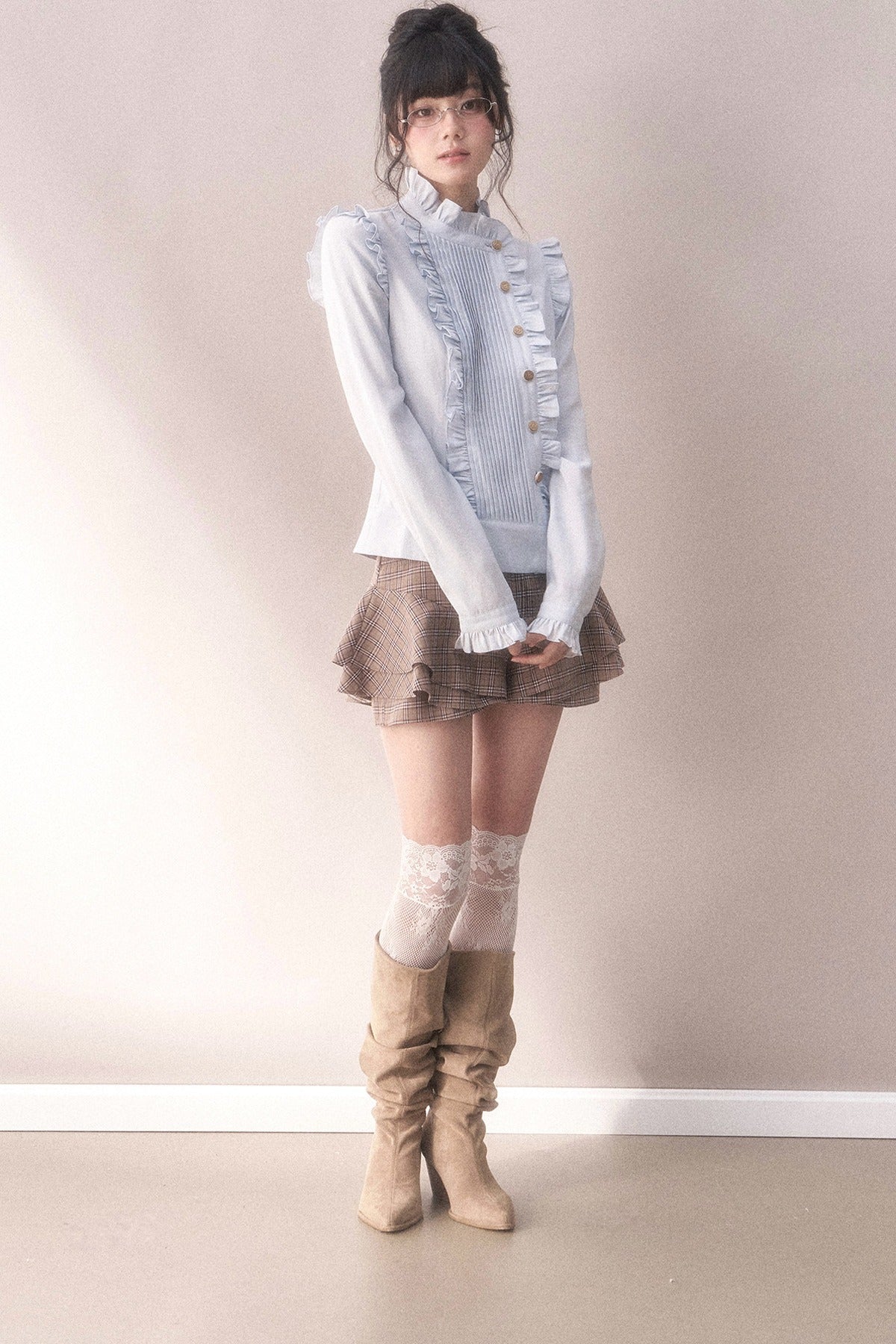 Pleated Lace Ruffle Asymmetrical Long-Sleeved Shirt