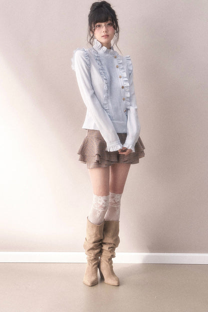 Pleated Lace Ruffle Asymmetrical Long-Sleeved Shirt