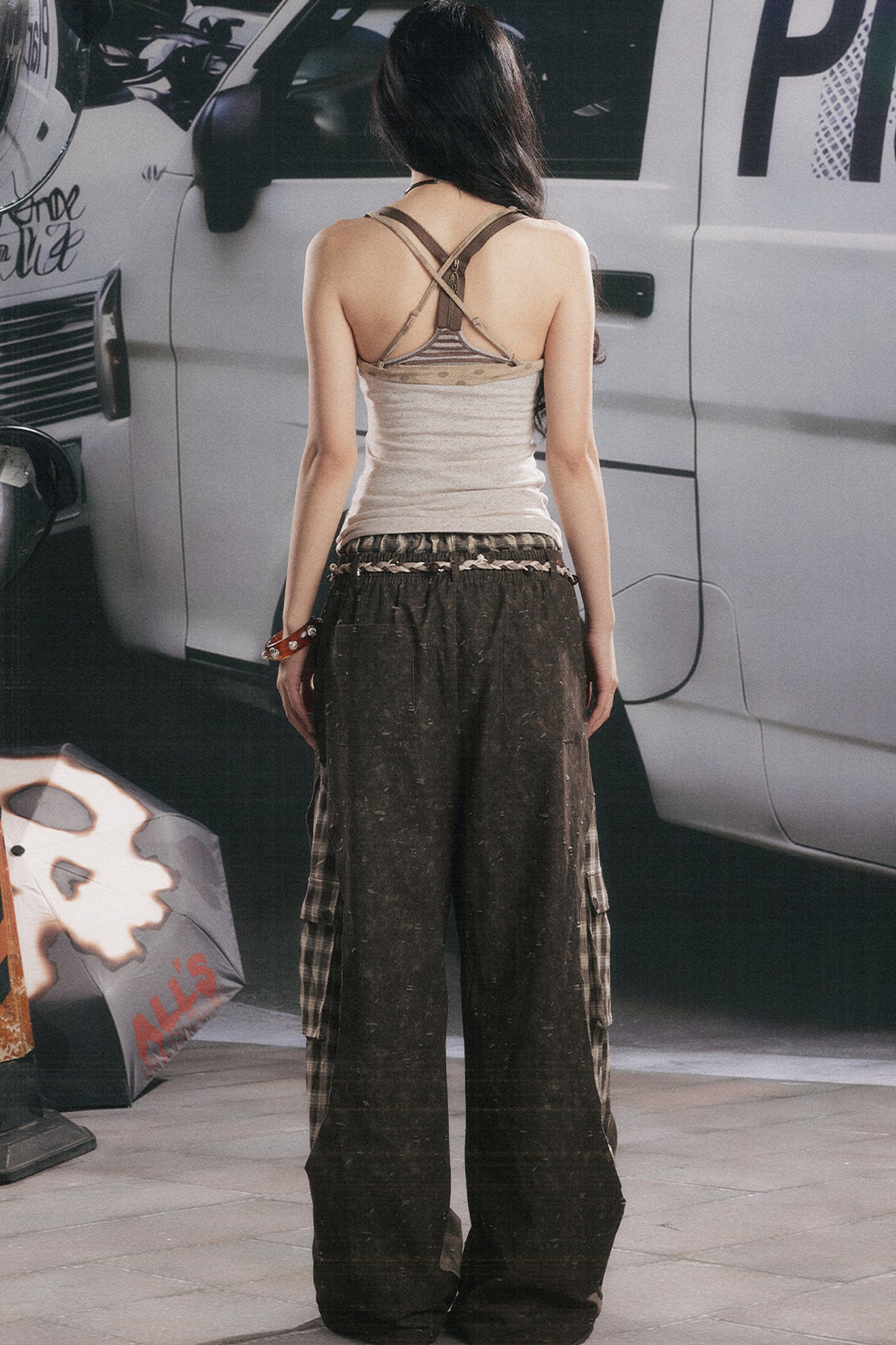 Pantalon large patchwork à carreaux