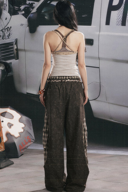 Pantalon large patchwork à carreaux