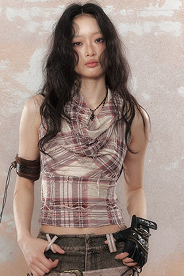 Retro Plaid Tassel Camisole Top
