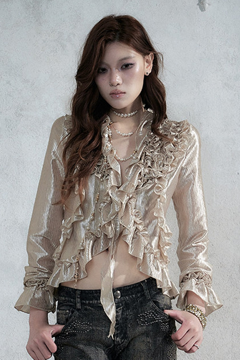 Ruffle Trim Tie Waist Long-Sleeved Blouse