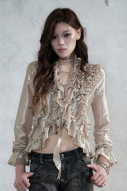 Ruffle Trim Tie Waist Long-Sleeved Blouse