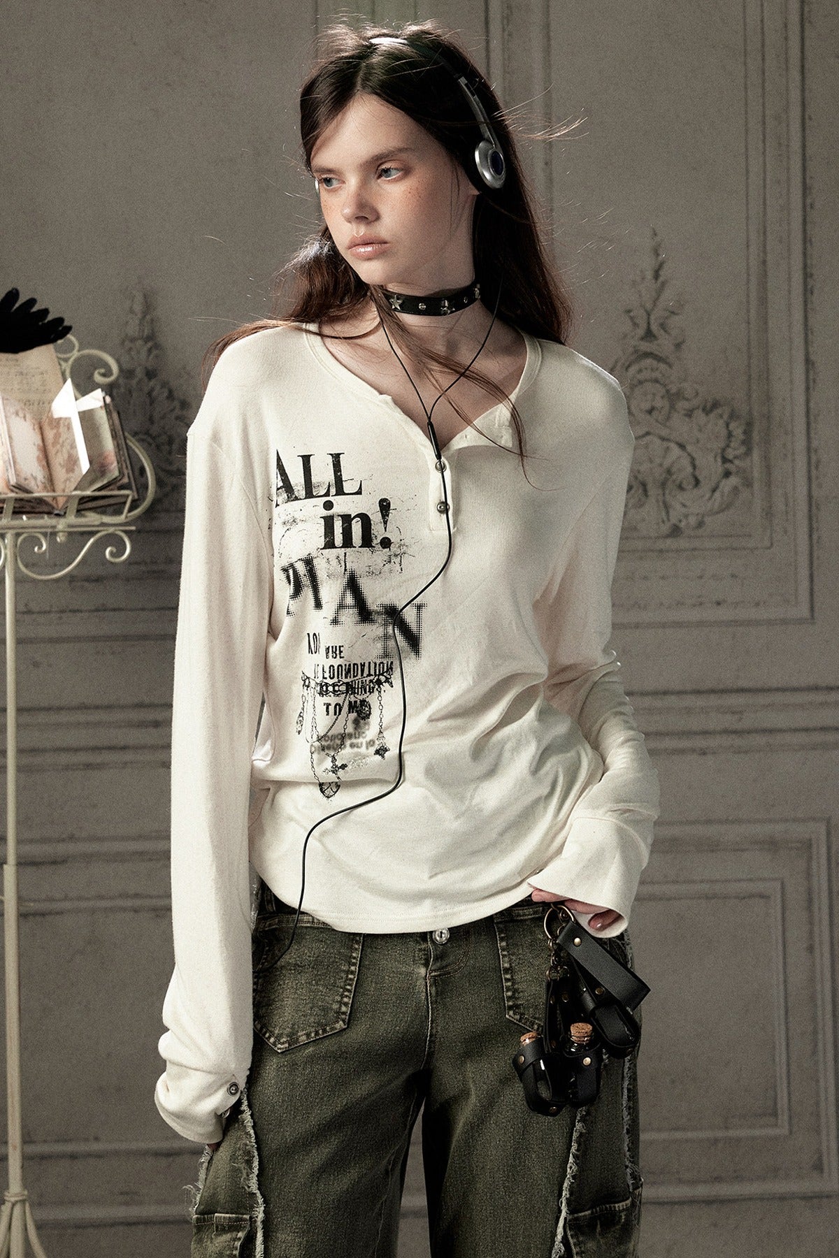 Beige Printed Long-Sleeved T-Shirt