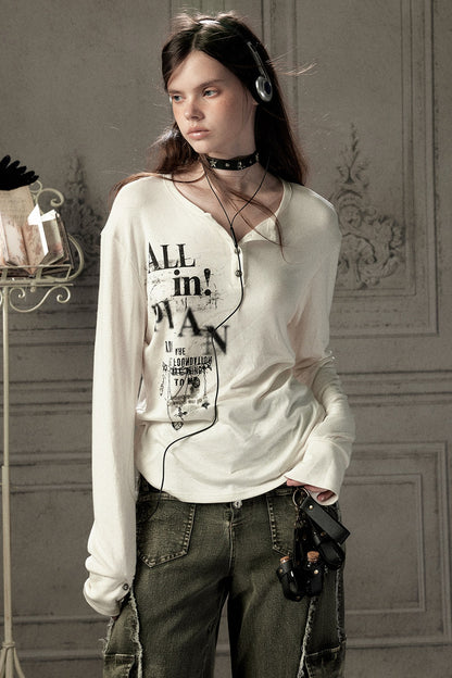 Beige Printed Long-Sleeved T-Shirt
