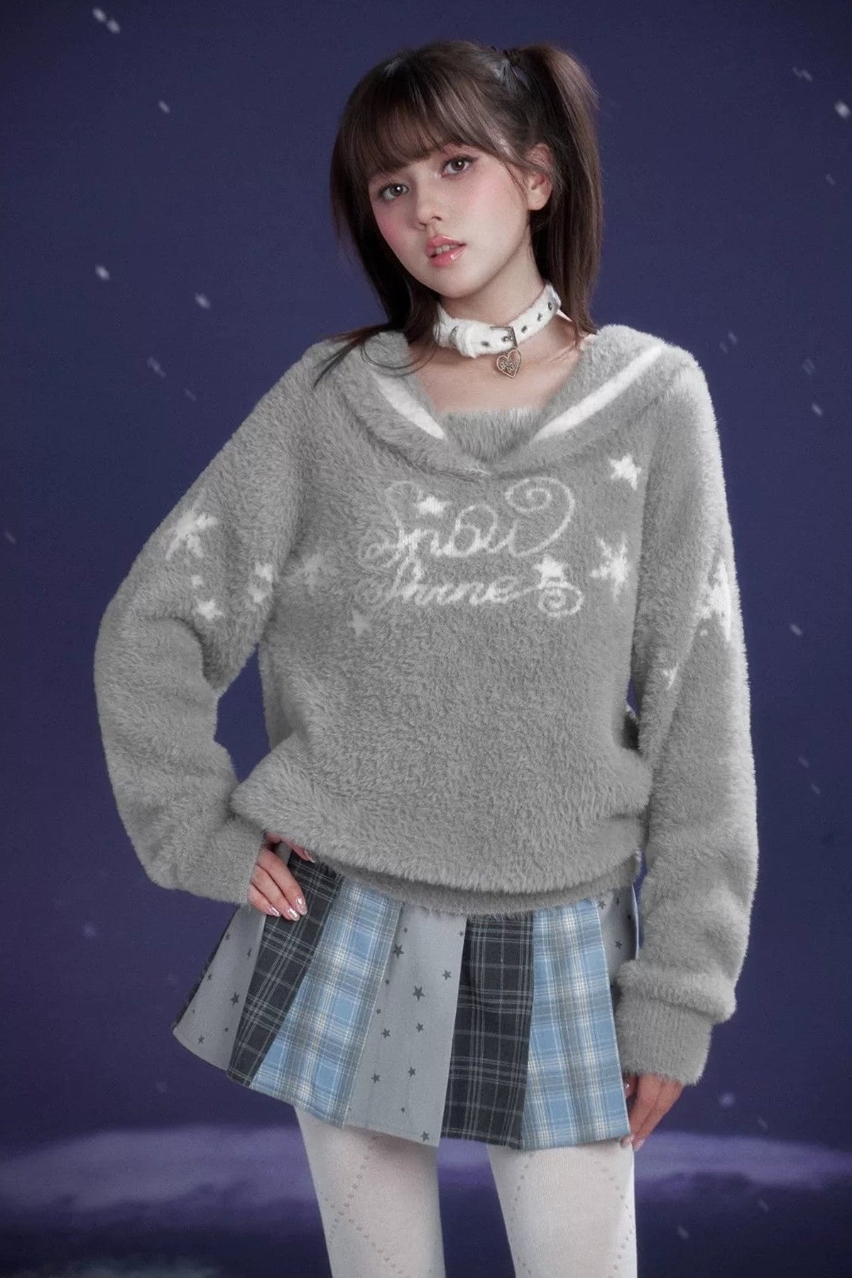 Gray Faux Mink Fur Sailor Collar Sweater