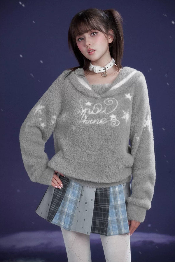Gray Faux Mink Fur Sailor Collar Sweater
