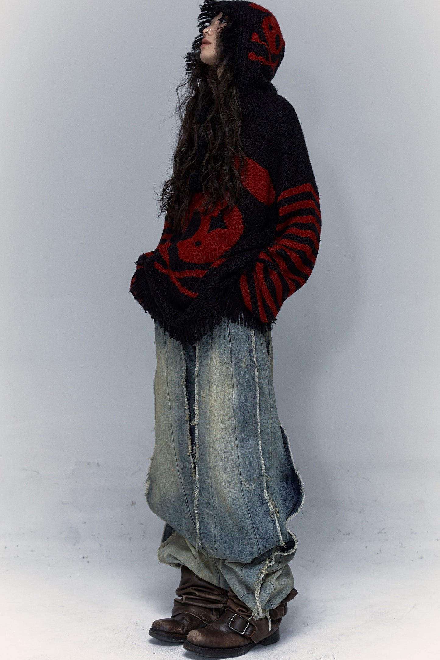 Skull Rabbit Hooded Knit Blouse