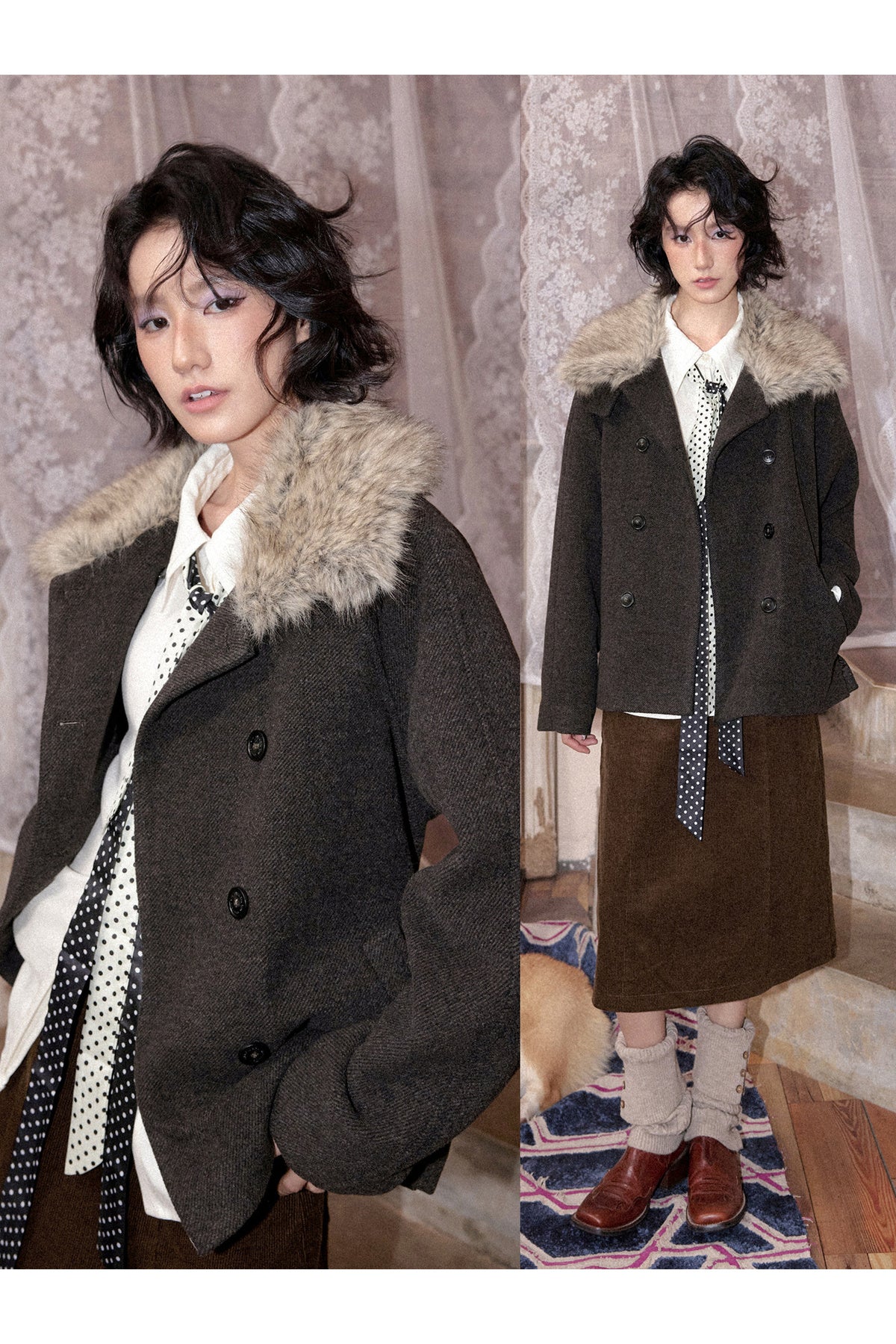 Wool Blend Fur Collar Coat