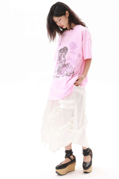 Lockeres T-Shirt mit lila Hirsch- und Blumenmuster