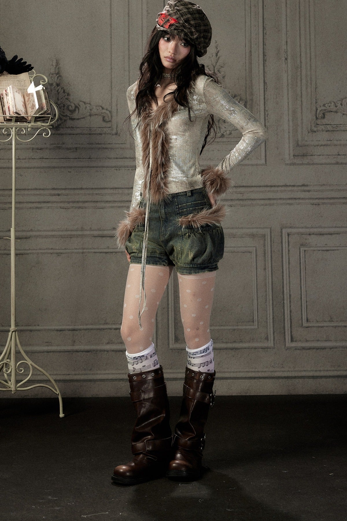 Fur Collar V-Neck Long-Sleeve T-Shirt