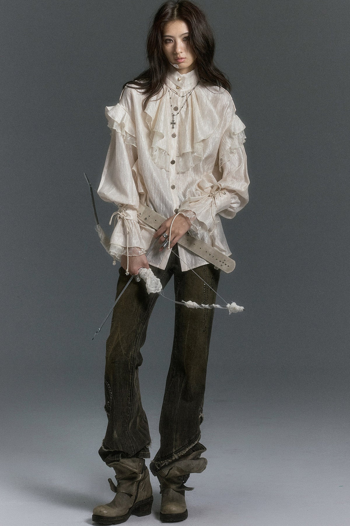 High Collar Ruffle Acetate Shirt