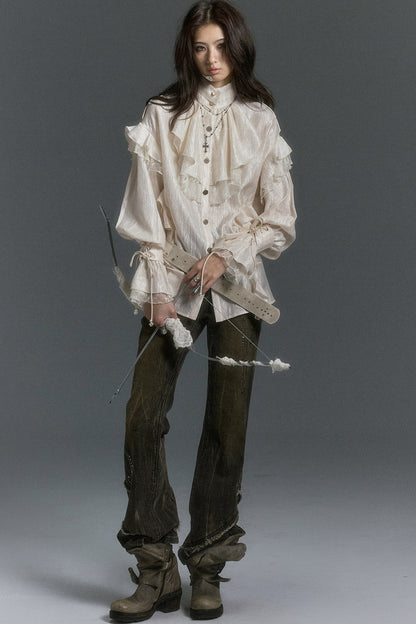 High Collar Ruffle Acetate Shirt