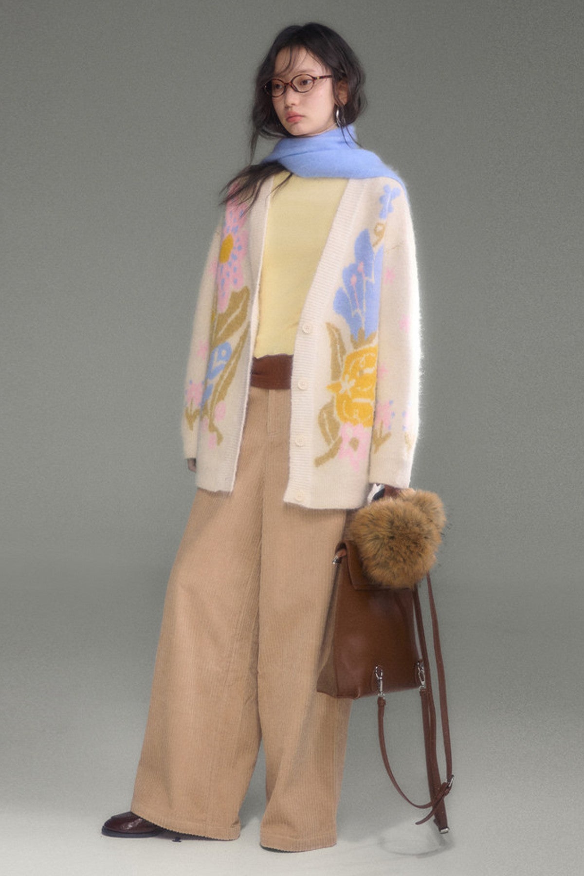 Ear-Flap Bird Tulip Jacquard Wool Cardigan