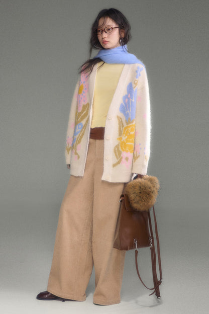 Ear-Flap Bird Tulip Jacquard Wool Cardigan