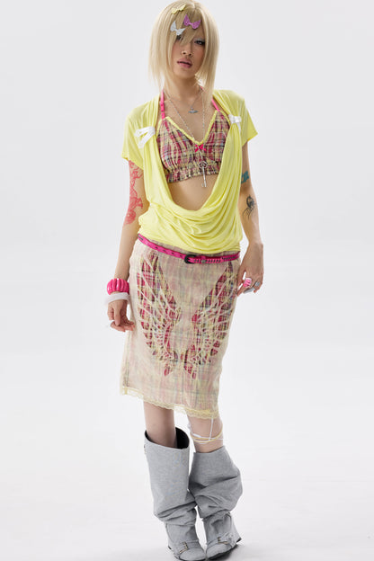 Plaid Organza Cut-Out Skirt