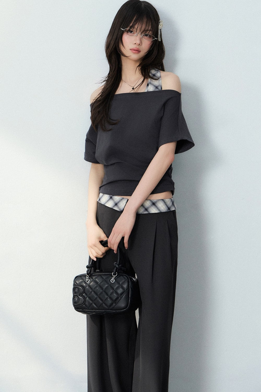 Plaid Off-Shoulder Top Set-Up