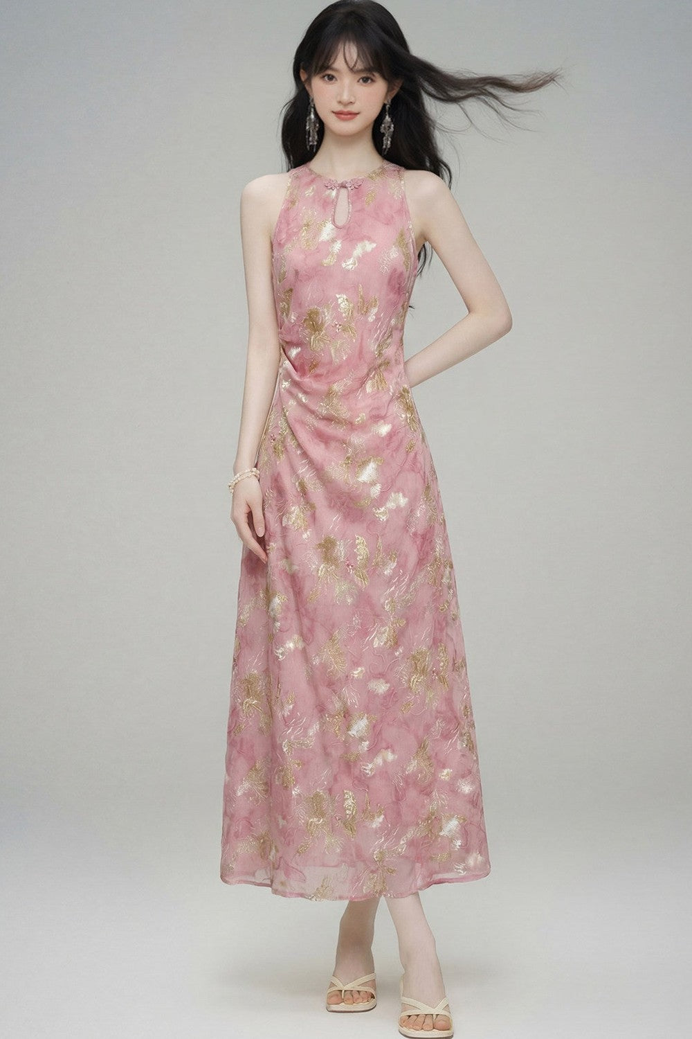 New Chinese Gold Jacquard Dress