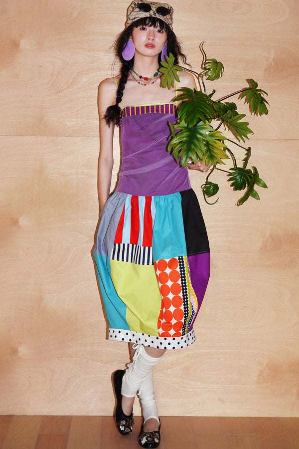 Patchwork Pleated Balloon Dress