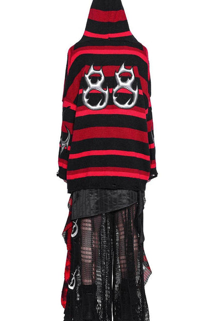 Red Black Striped Embroidered Hoodie