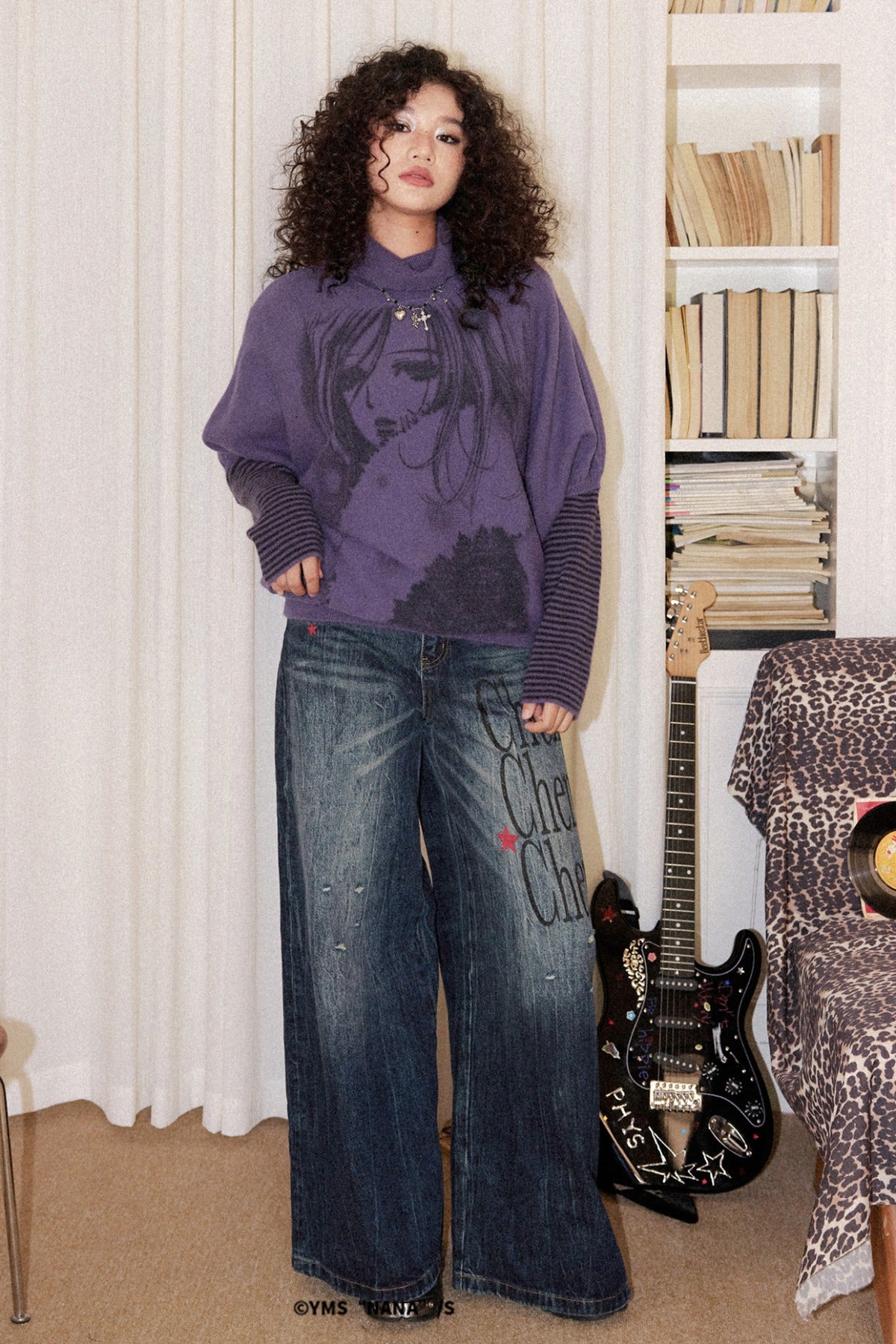 Gray Purple Nana Print Batwing Sweater