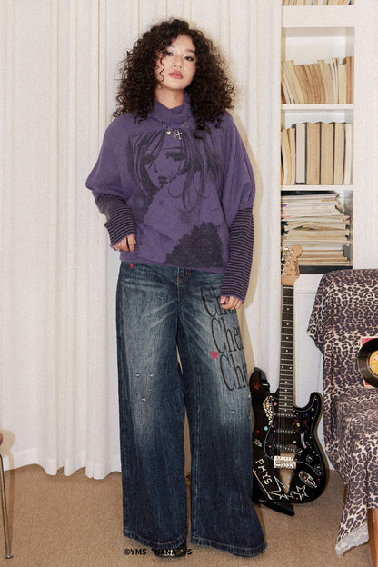 Gray Purple Nana Print Batwing Sweater