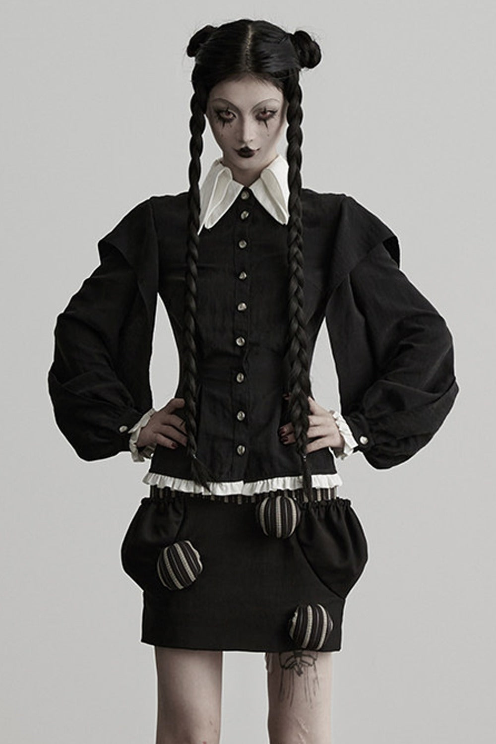 Lyocell Ruffle Patchwork Puff Sleeve Shirt