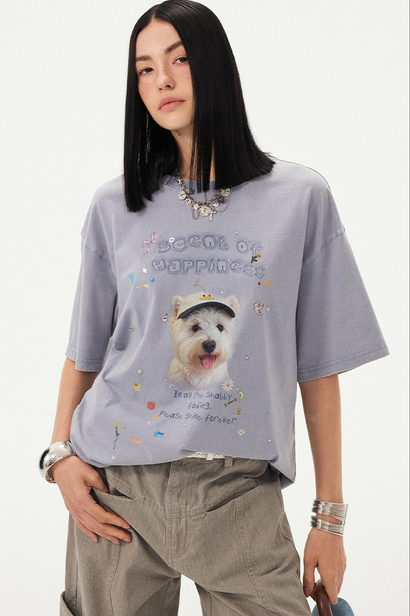 Rhinestone Cartoon Dog Drop Shoulder T-Shirt