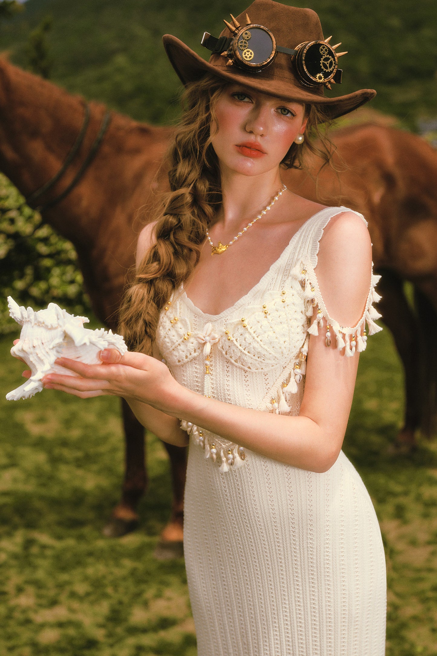 Shell White Knit Strap Dress Cardigan and Skirt Set-Up