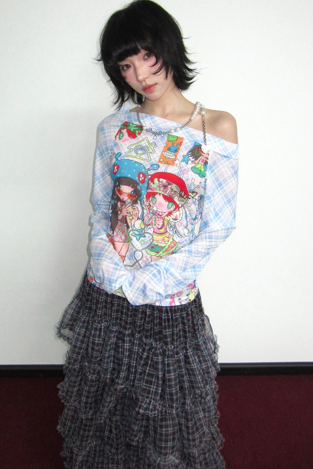 T-shirt a maniche lunghe in mesh elasticizzato a quadri