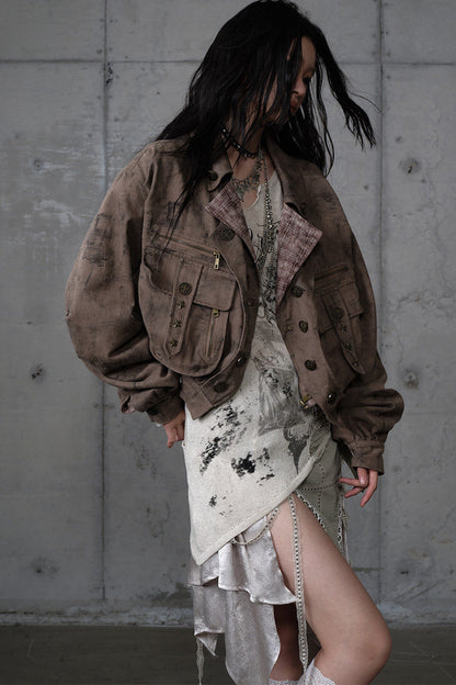 Loose Distressed Plaid Patchwork Jacket