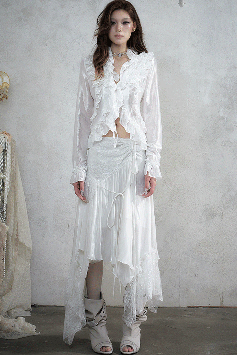 Ruffle Trim Tie Waist Long-Sleeved Blouse