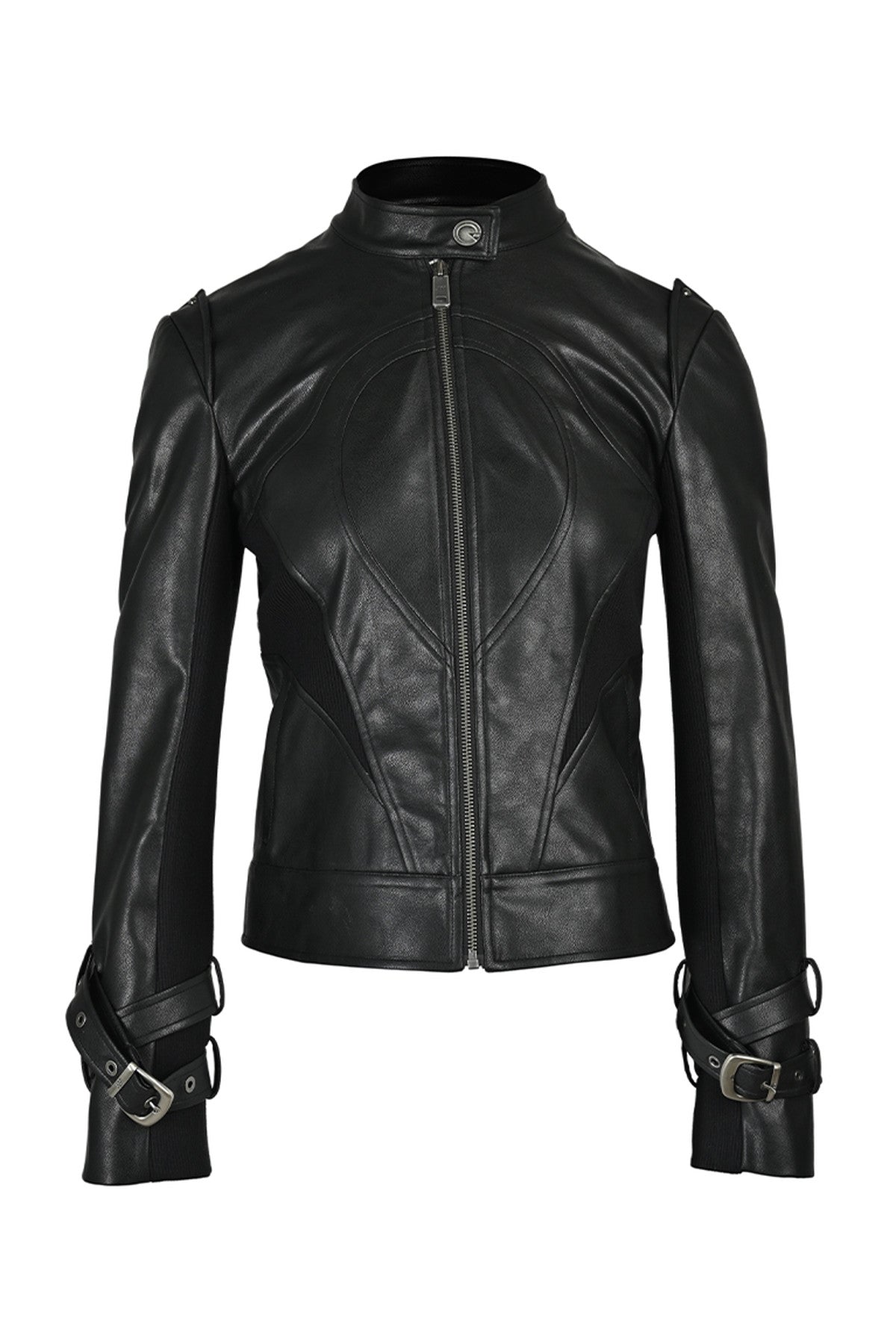 Slim-Fitting Functional Spliced PU Leather Jacket