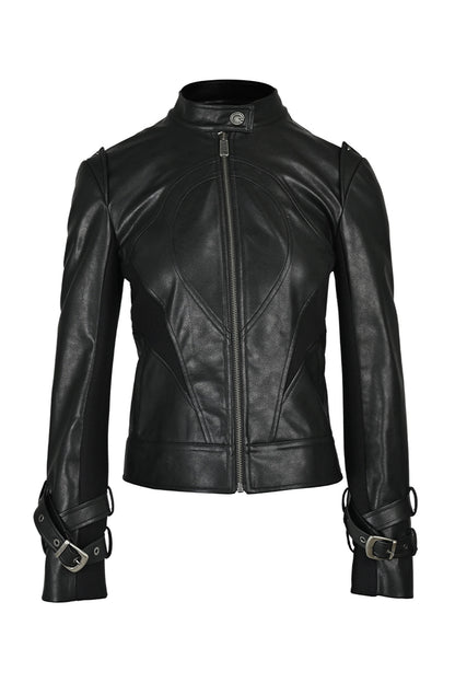 Slim-Fitting Functional Spliced PU Leather Jacket