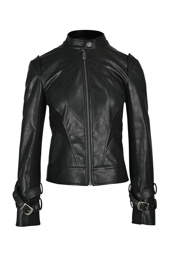 Slim-Fitting Functional Spliced PU Leather Jacket