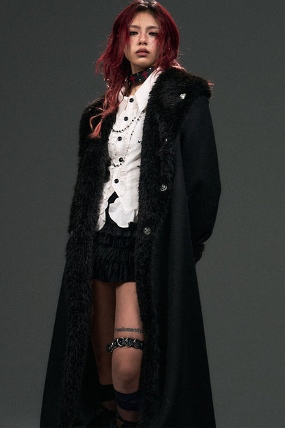 Large Fur Collar Loose Lace-Up Oversized Long Woolen Coat