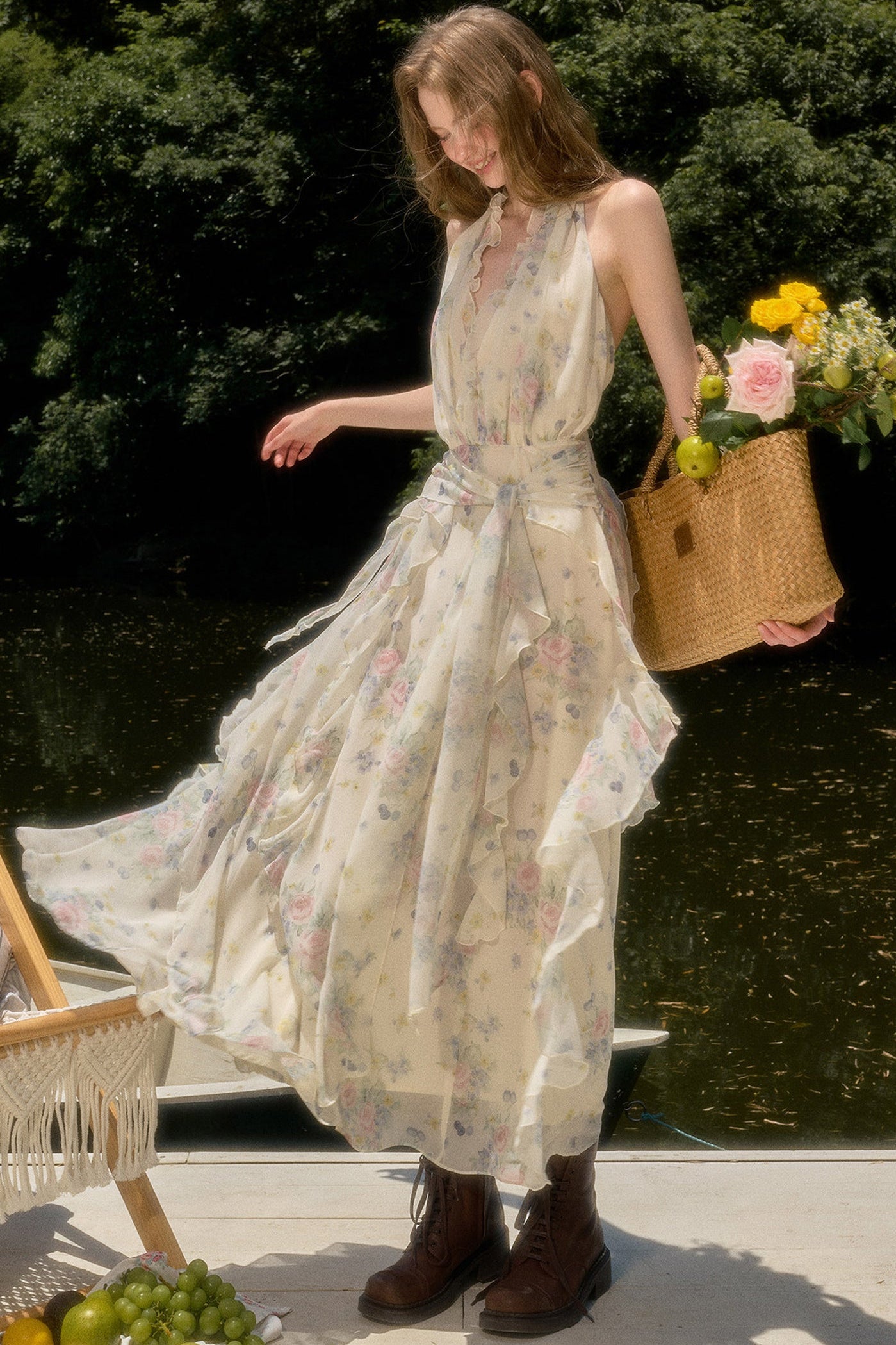 Floral Ruffle Sleeveless V-Neck Dress