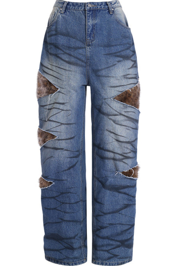 Leopard Fur Patched Loose Denim Jeans