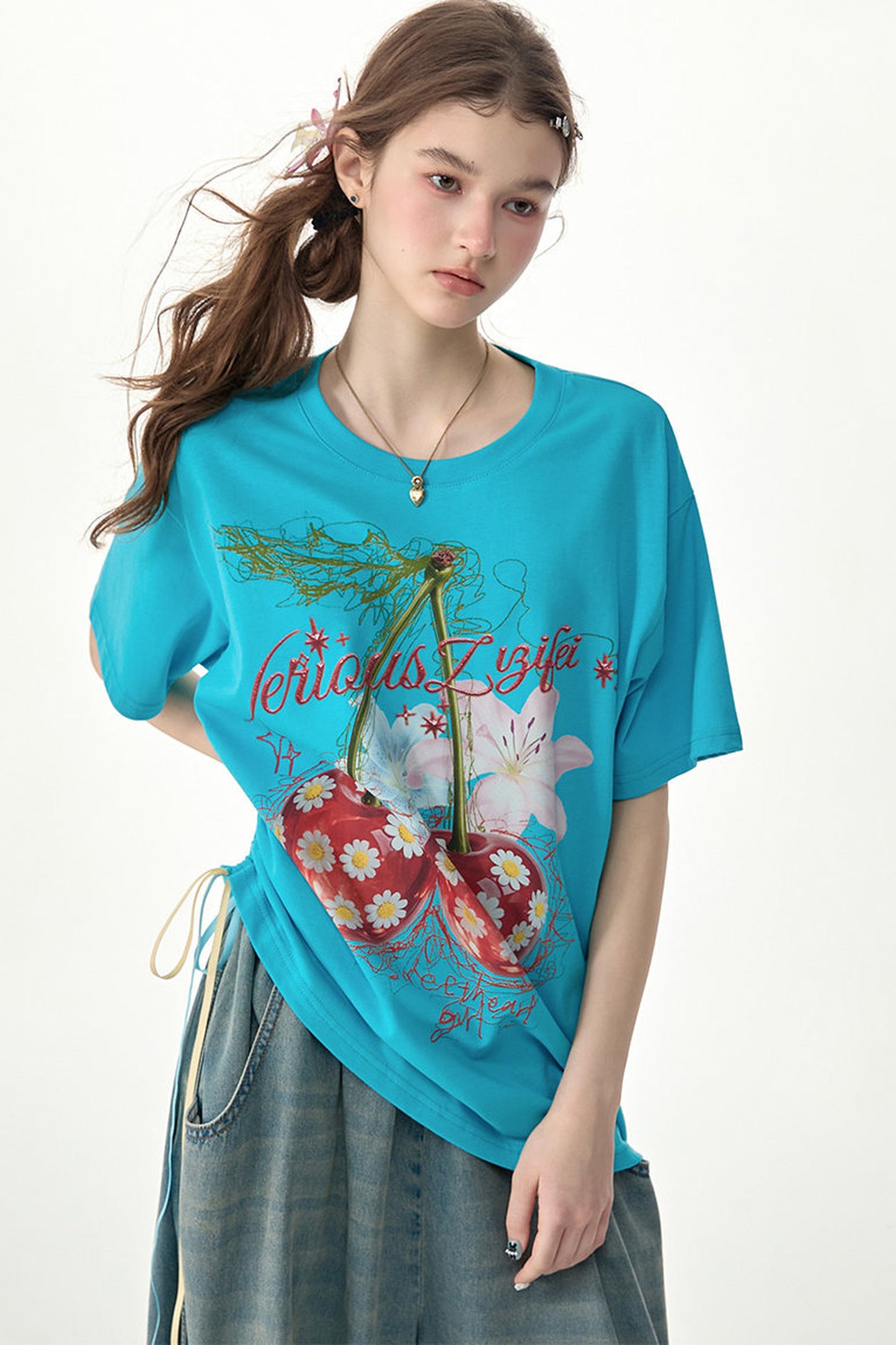 Cherry Print Blue Short-Sleeved T-Shirt