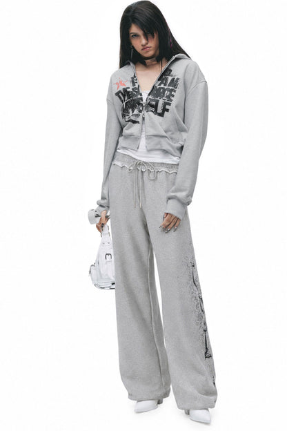 Distressed Print Sweatshirt and Pants Set-Up