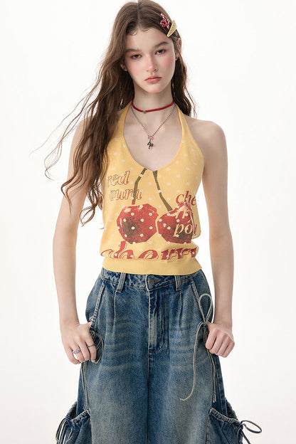 Yellow Cherry Print Knit Halter Top