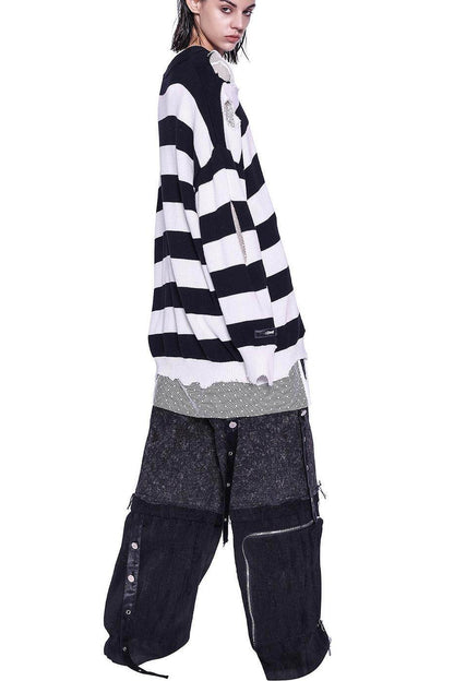Loose Offset Embroidery Distressed Striped Sweater
