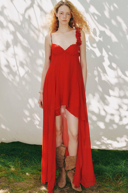 Hand-Stitched Rose Red Slip Dress