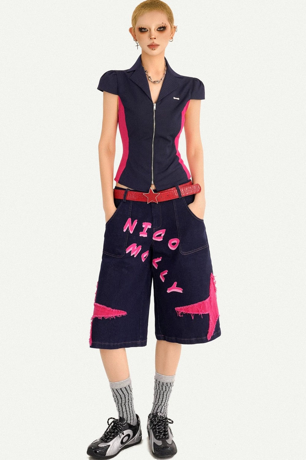 V-Neck Patchwork Blouse Set-Up